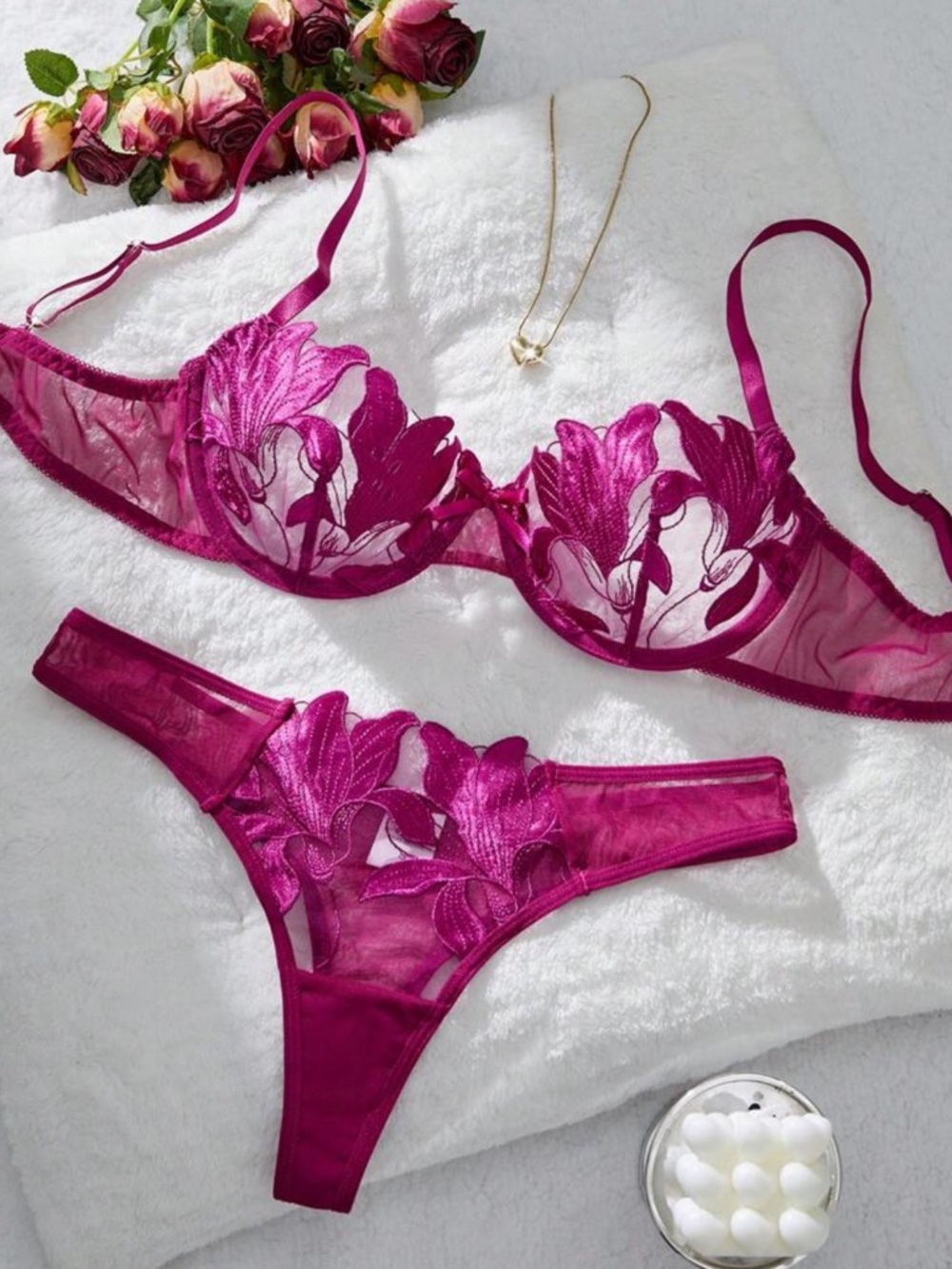 Floral Mesh Lace Thong Lingerie Set